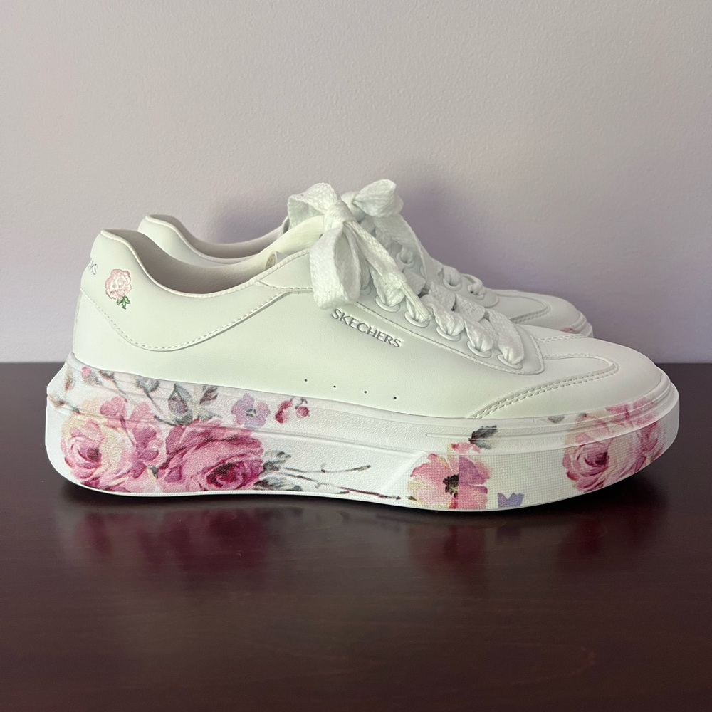 Skechers Women's White Sneakers with Pink Floral Design